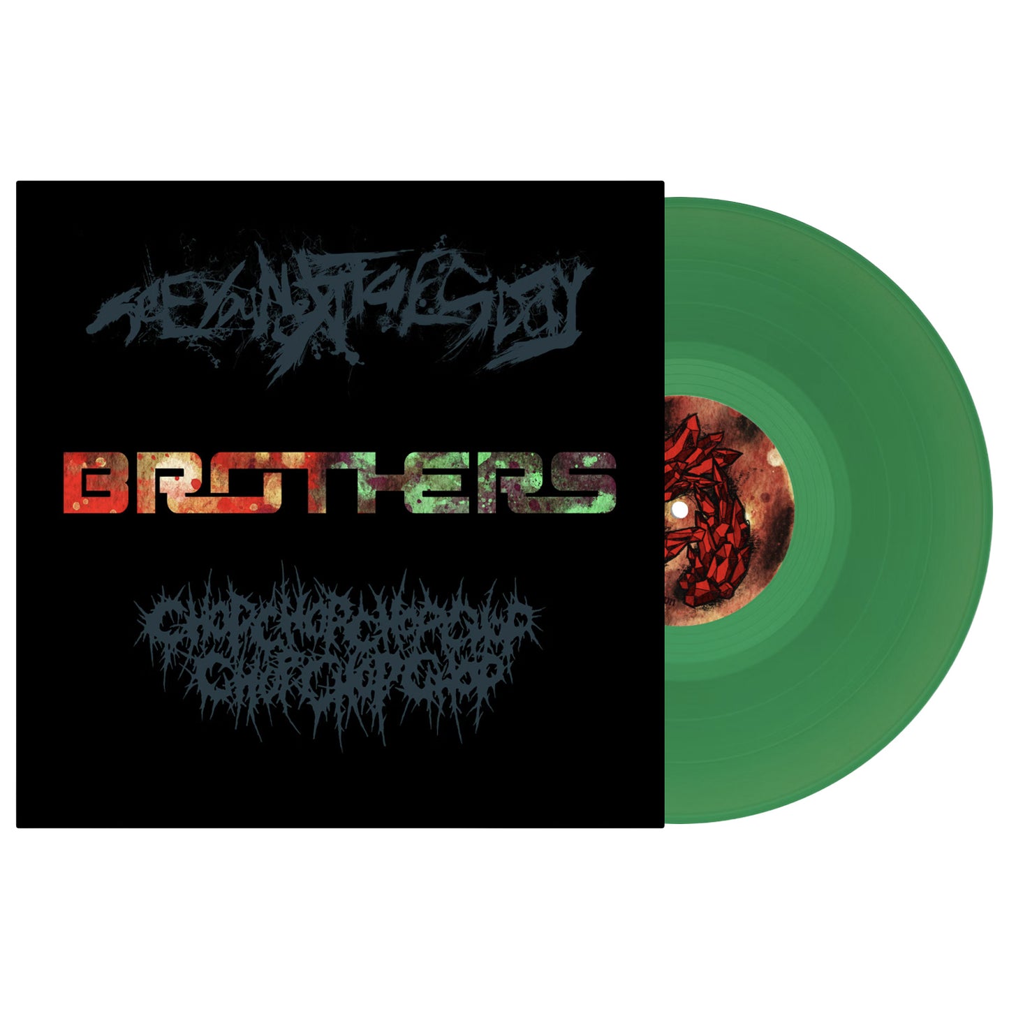 Vinyl record with green disc and black cover featuring stylized text.