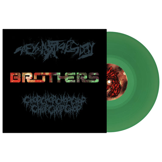 Vinyl record with green disc and black cover featuring stylized text.