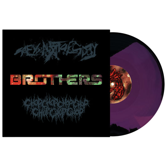 Vinyl record with colorful text, orchid & black disc, and a black cover.