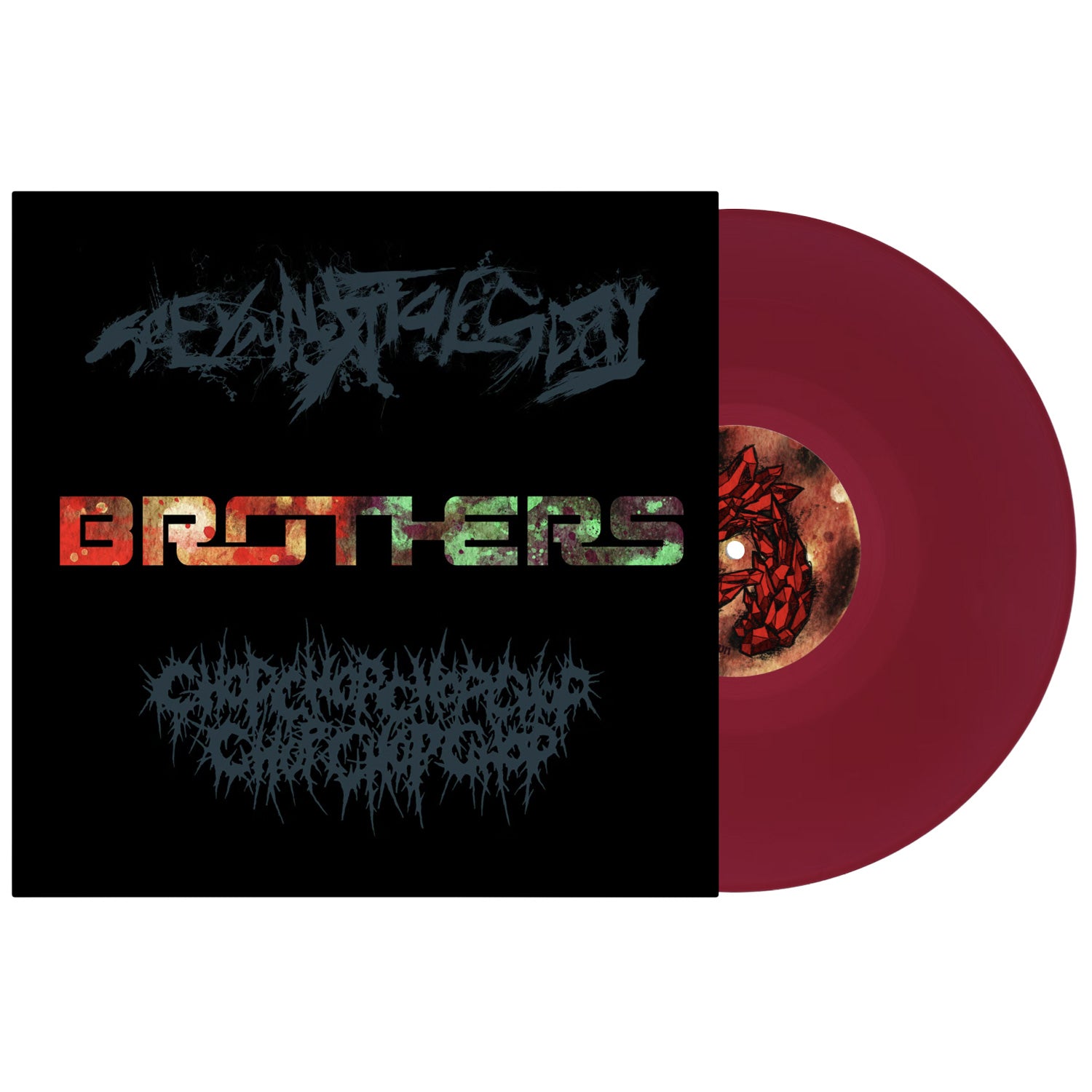 Vinyl record with a black cover featuring colorful text and a red disc.